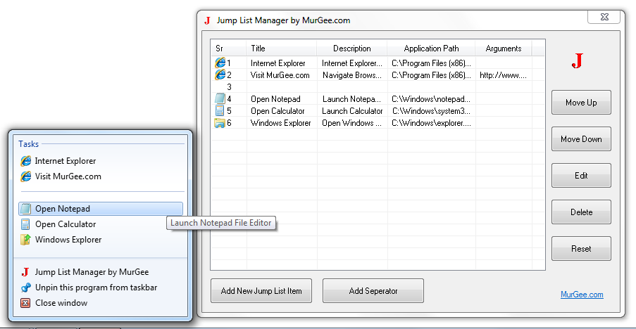 Screenshot of Jump List Manager Software for Windows 7